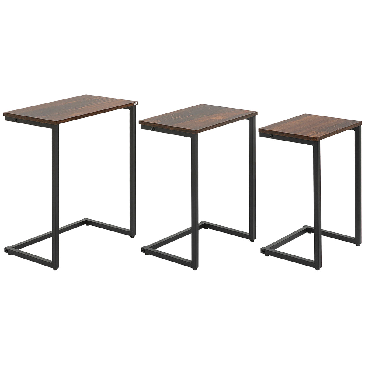 HOMCOM Satztisch, Beistelltisch, 3er-Set, Industrial Design, Stahlrahmen, braun+schwarz, 45 x 30 x 60cm