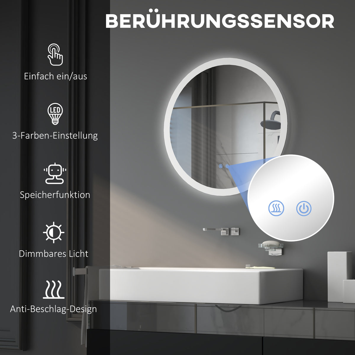 kleankin LED Badspiegel, einstellbare Helligkeit, Entnebelung, Touch, IP44, Metall/Glas, Ø60 cm, Weiß/Silber