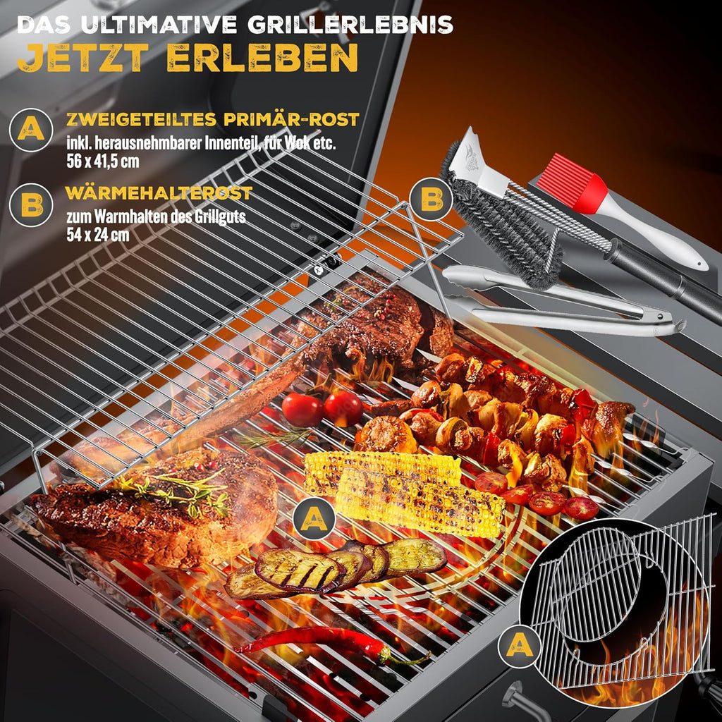 KESSER Holzkohlegrill XL Grillwagen, 2338 cm², Thermometer, Warmhalterost, Grau