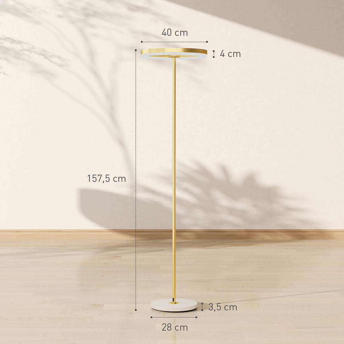 HOMCOM Stehlampe, Fußschalter, Metallstruktur, Acrylschirm, 4000K, dimmbar, Goldfarben