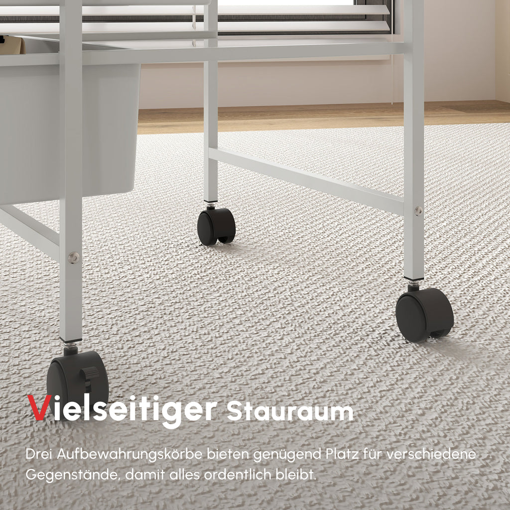 HOMCOM Beistellwagen mit Rädern, 3 Körbe für Transport und Aufbewahrung, Küchenwagen, 40,8L x 33,5B x 60,5H cm, Weiß