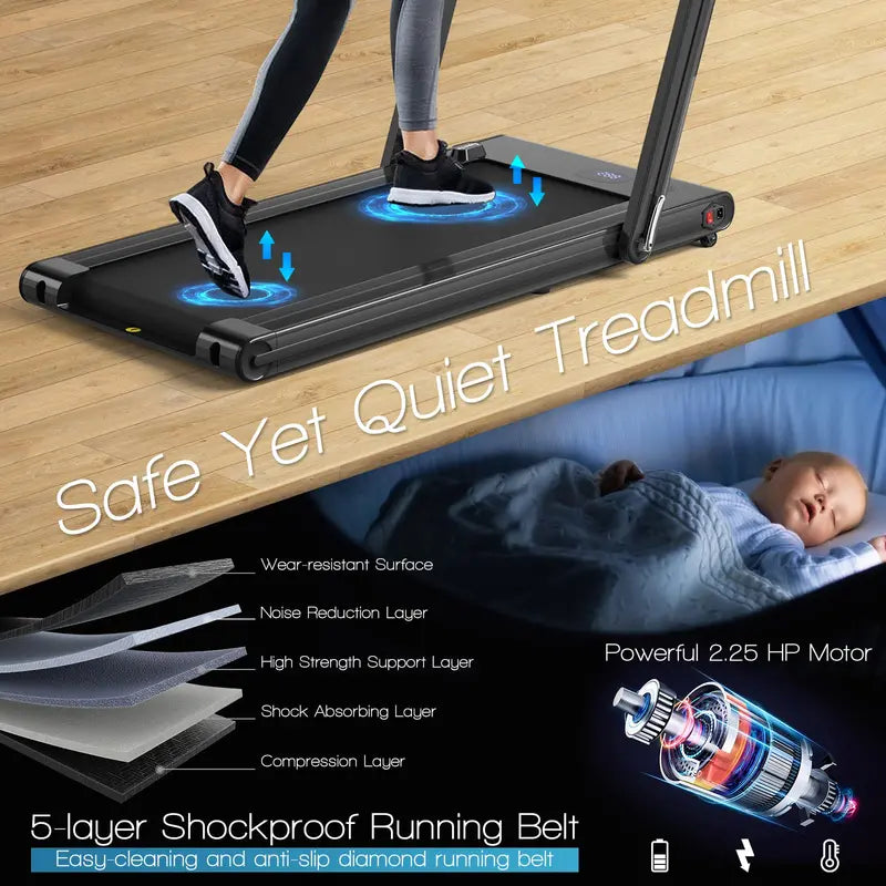 2-in-1 Under-Desk Treadmill – Foldable Electric Model with 2.25HP Motor and LED Control Display