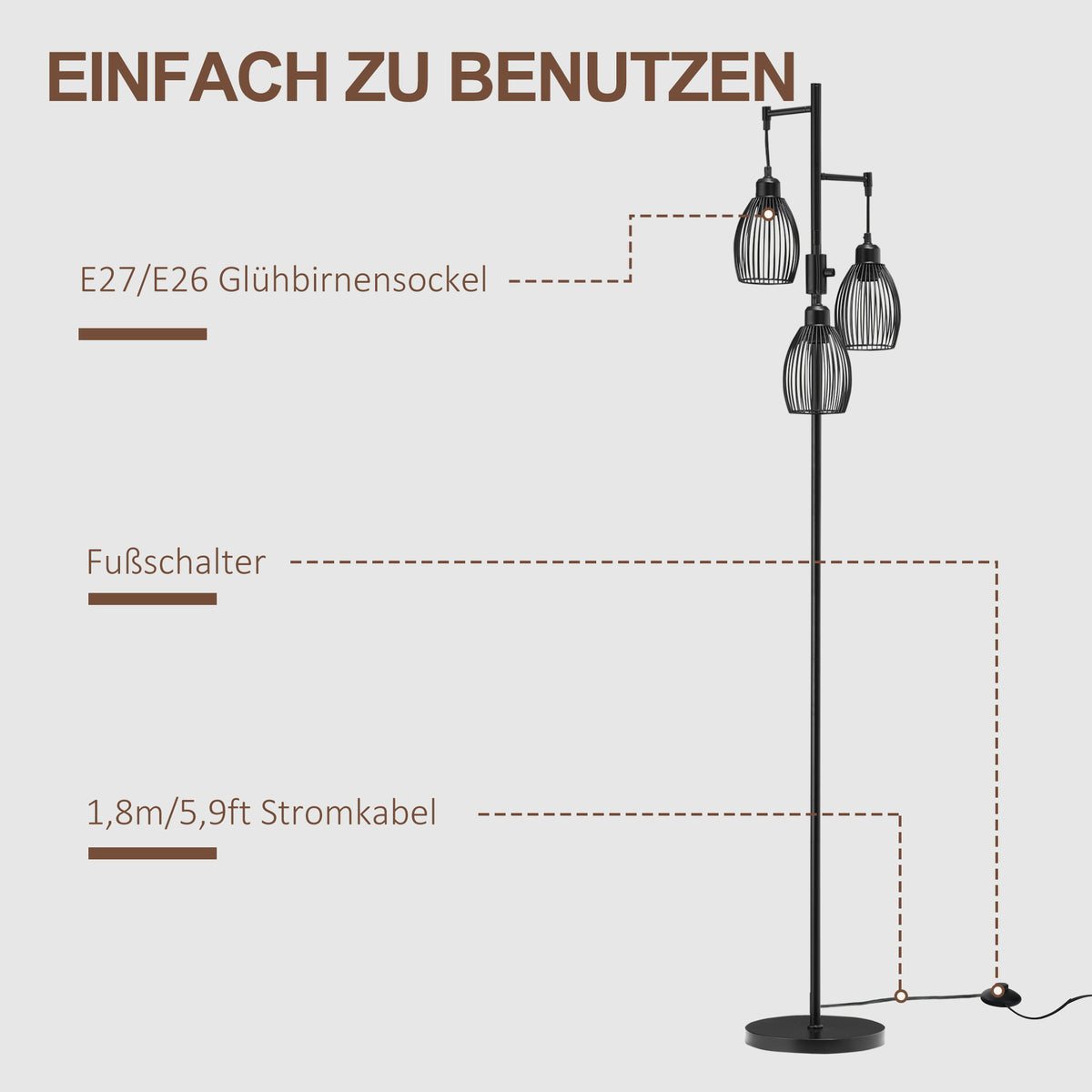 HOMCOM Stehleuchte im Industrie-Design mit 3 Lampenschirmen 30 cm x 30 cm x 170,5 cm Stahl