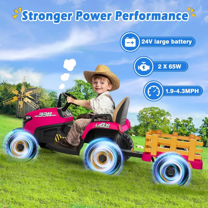 24V Ride-On Tractor for Kids – Tilting Detachable Trailer, Dual 65W Motors, Bluetooth, Remote Control & Music Features