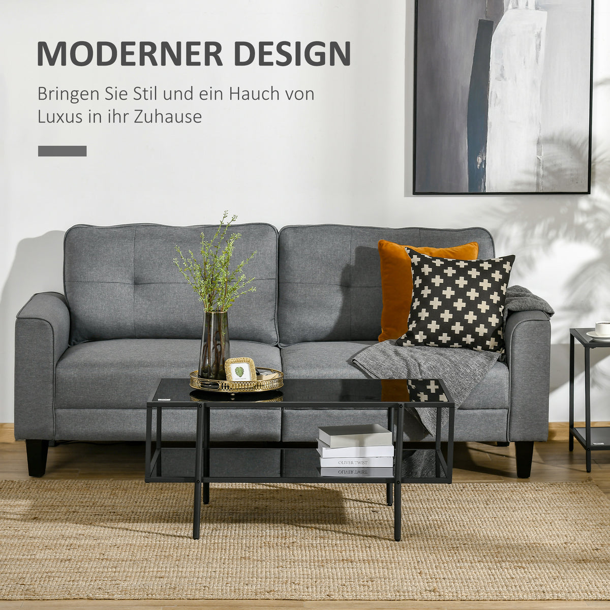 HOMCOM Couchtisch mit Ablage, verstellbare Füße, Stahlrahmen, Glasplatte, 100 x 55 x 45,5 cm, Schwarz