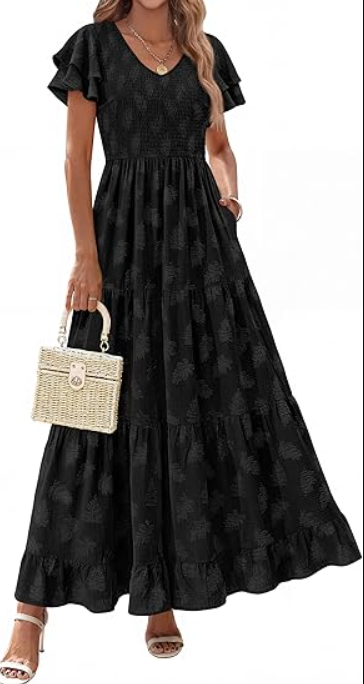 Dresses for Women 2026 Summer Ruffle Sleeve V Neck Smocked A Line Floral Boho Tiered Sundress Spring Outfit