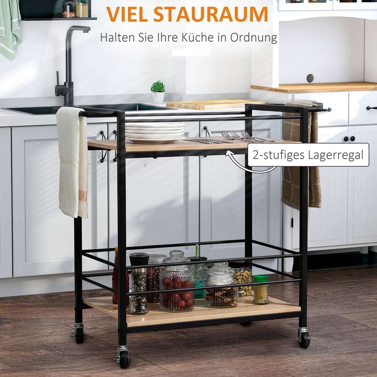 HOMCOM Küchenwagen Servierwagen mit 2 Ablagen, Reling, Stahl, Schwarz+Holz 82 x 40 x 75cm