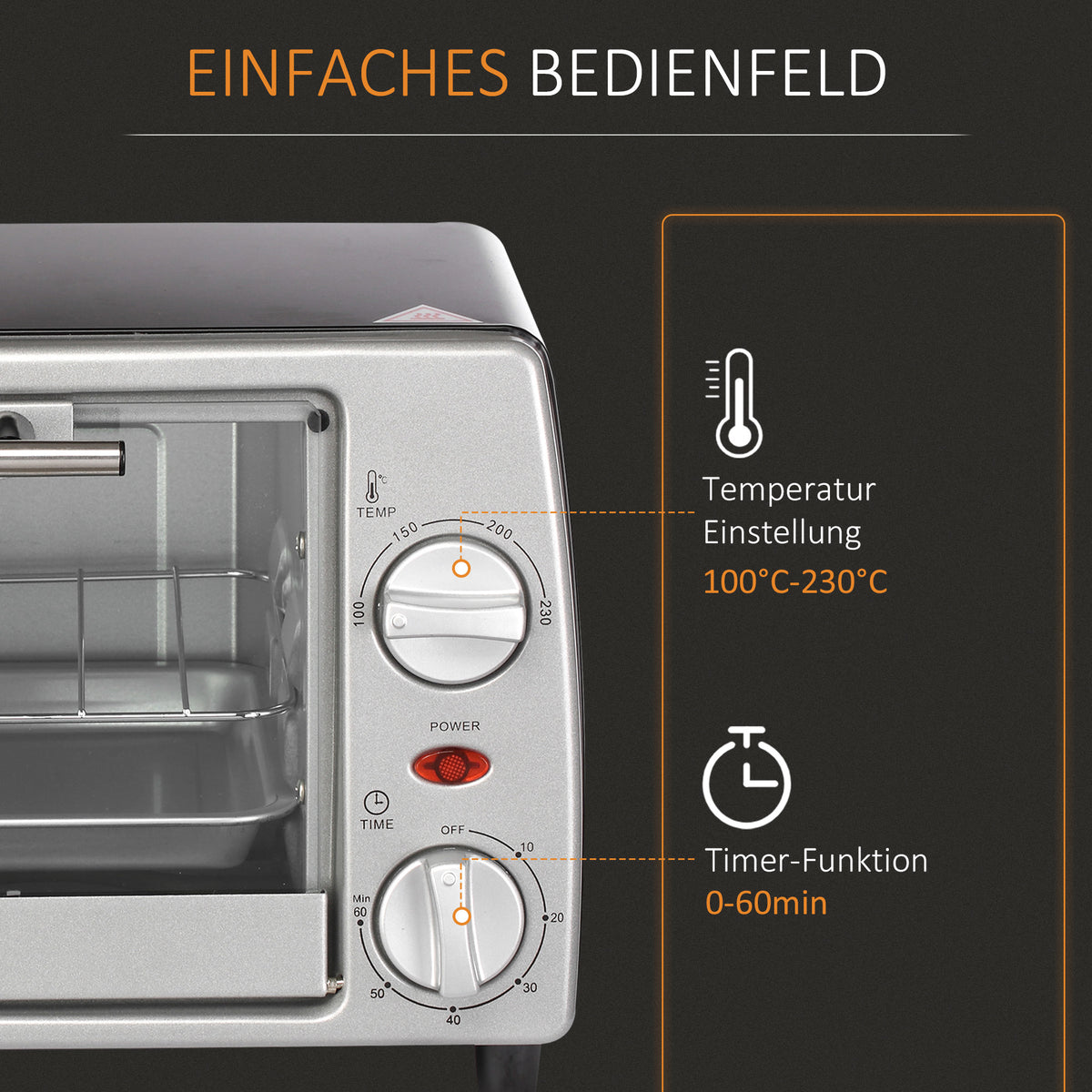HOMCOM Mini Backofen 10 L 750W 100-230℃ 60 Min. Timer mit Backblech, Grillrost und Herausnehmbarer Bodenschale, Pizza-Ofen Silber