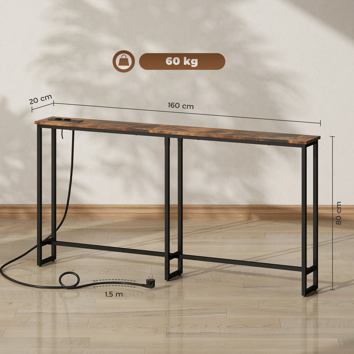HOMCOM Schlanker Konsolentisch mit Ladestation, Industriestil, Stahlrahmen, Braun