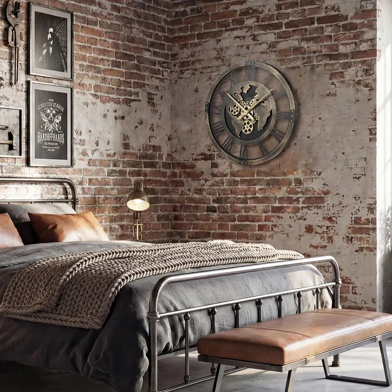 27-Inch Gear-Driven World Map Wall Clock – Silent, Decorative Metal Design with Rotating Gears