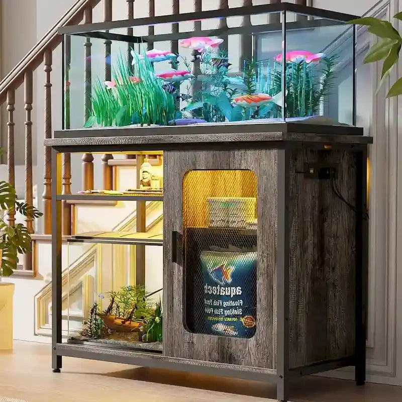 20–29 Gallon Aquarium Stand with Built-In Power Outlets and Integrated LED Lighting