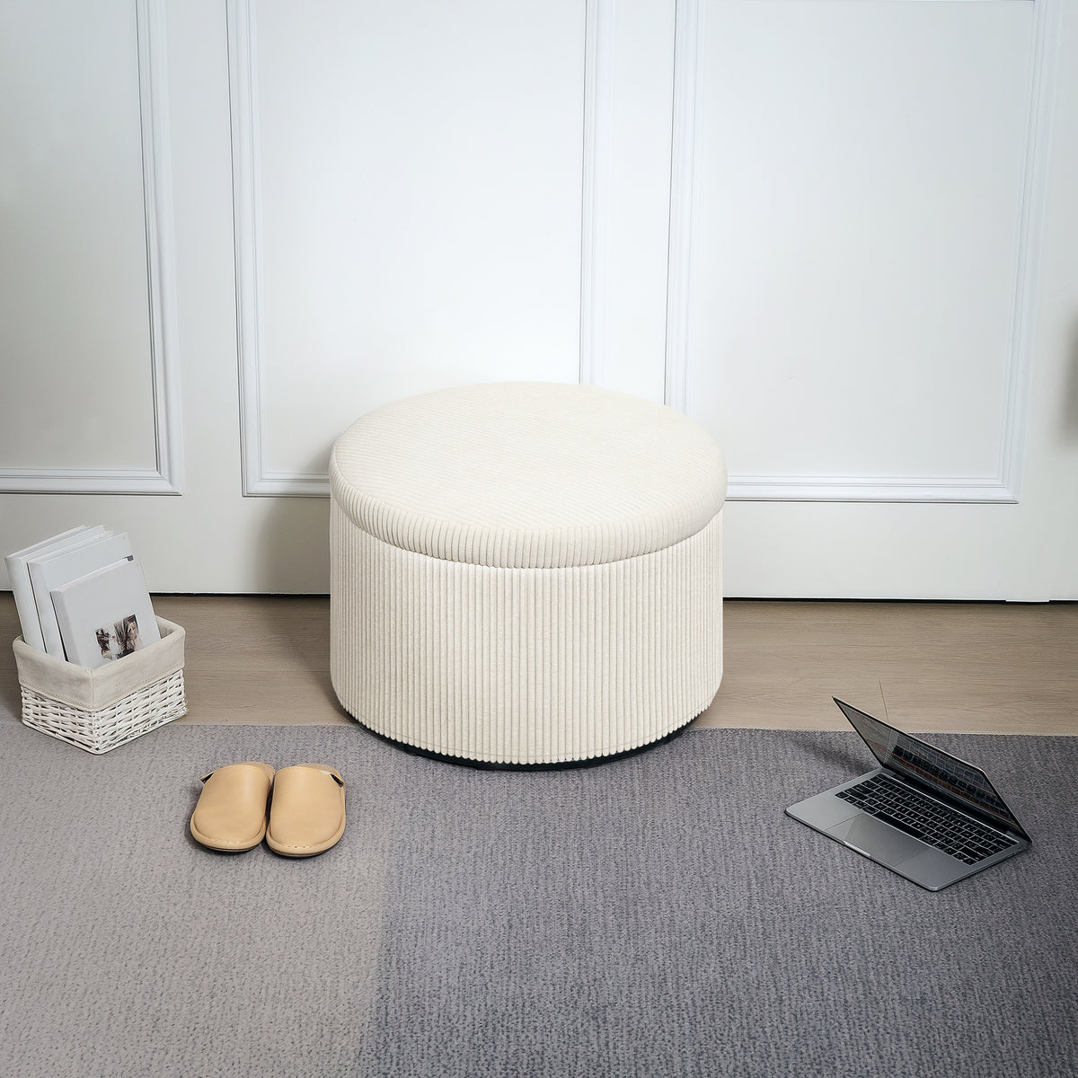 HOMCOM Fußhocker mit 97 L Stauraum, Cordstoff, Schaumstoff, Sitzhocker, Beige