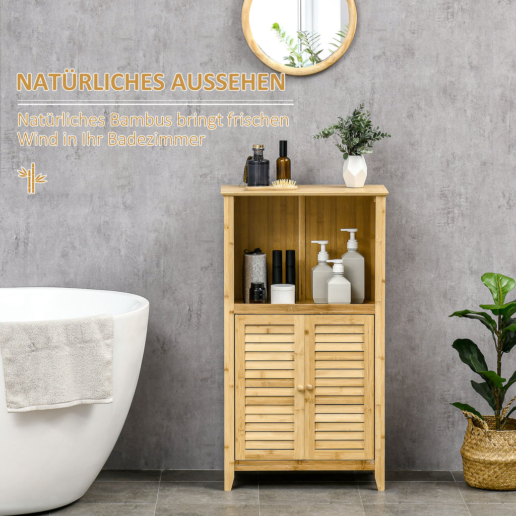 HOMCOM Badezimmerschrank Badschrank Standregal mit 2 Lamellentüren, offenem Regal, Bambus, Aufbewahrungsschrank Schrank für Badezimmer, Wohnzimmer 50 x 25,5 x 92cm Natur