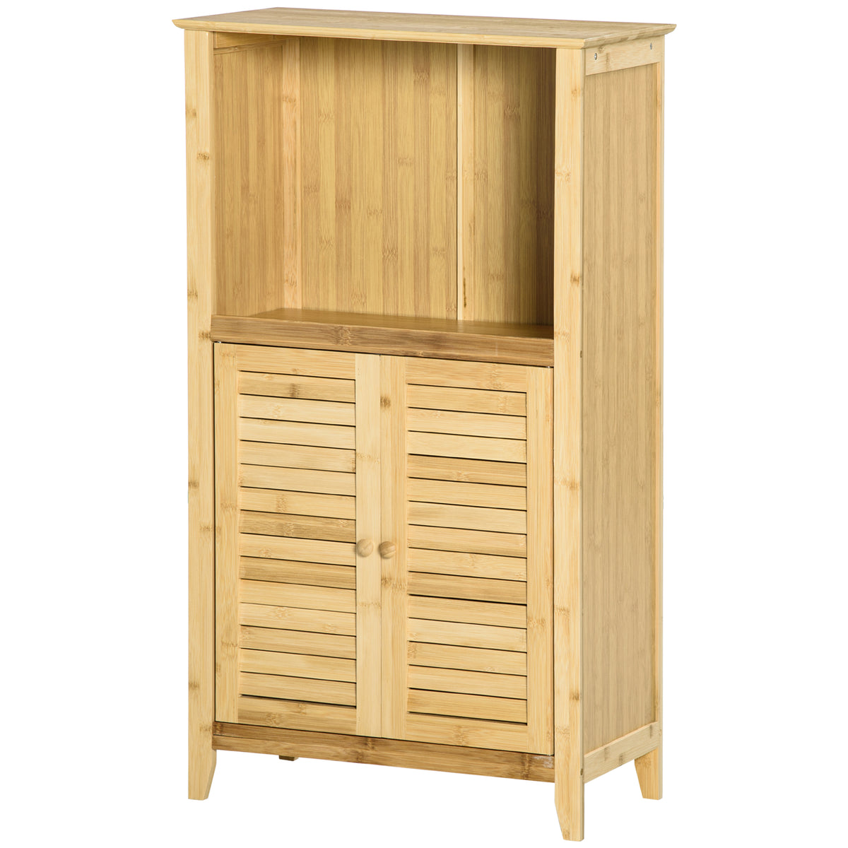HOMCOM Badezimmerschrank Badschrank Standregal mit 2 Lamellentüren, offenem Regal, Bambus, Aufbewahrungsschrank Schrank für Badezimmer, Wohnzimmer 50 x 25,5 x 92cm Natur