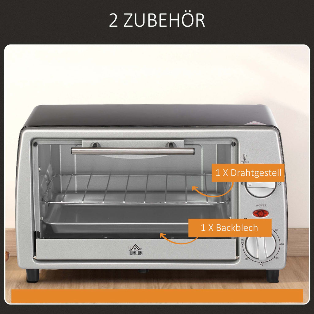 HOMCOM Mini Backofen 10 L 750W 100-230℃ 60 Min. Timer mit Backblech, Grillrost und Herausnehmbarer Bodenschale, Pizza-Ofen Silber