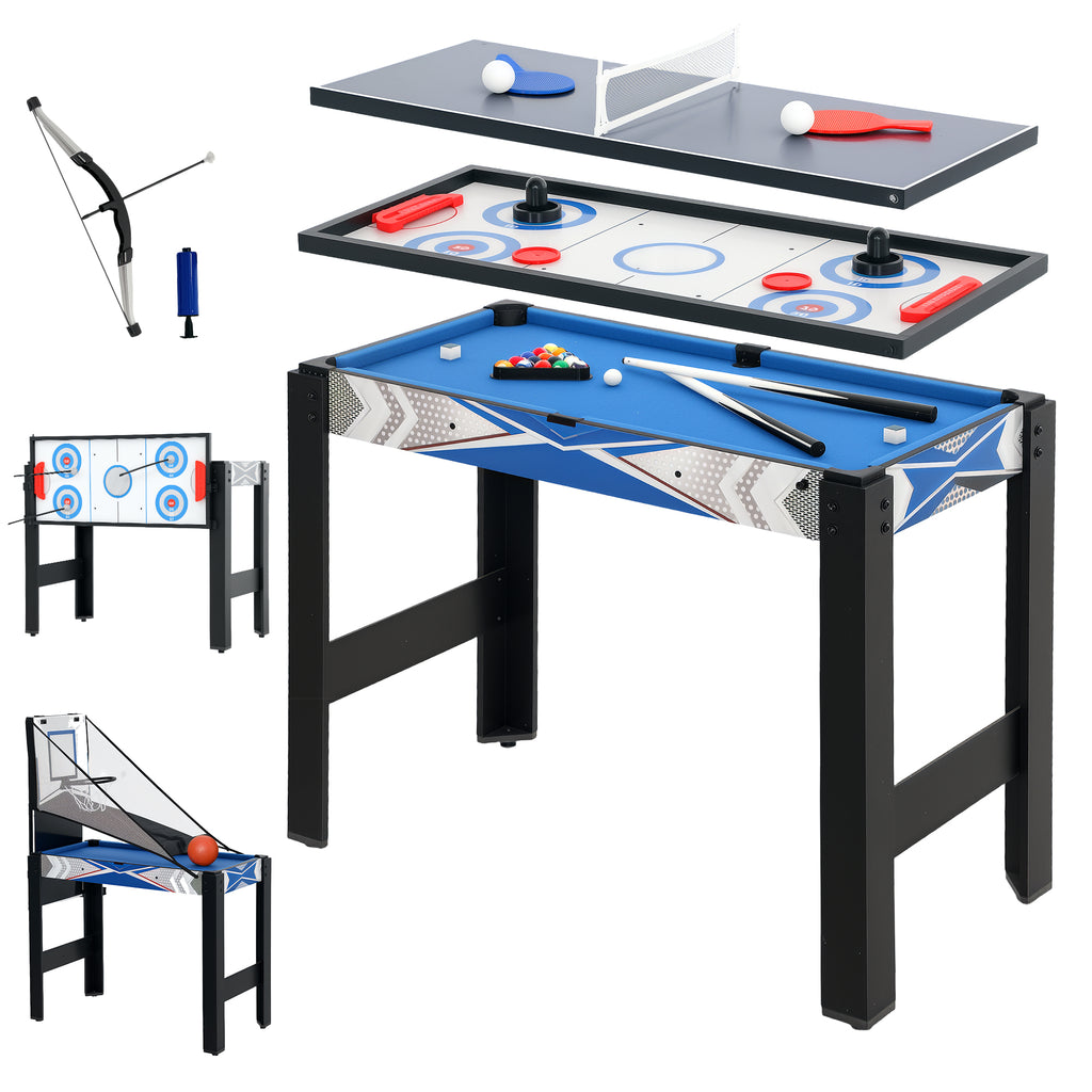 SPORTNOW 5-in-1-Spieletisch, Billard, Tischtennis, Hockey, Basketball, Bogenschießen, Zubehör inklusive, MDF, Kunststoff, Blau