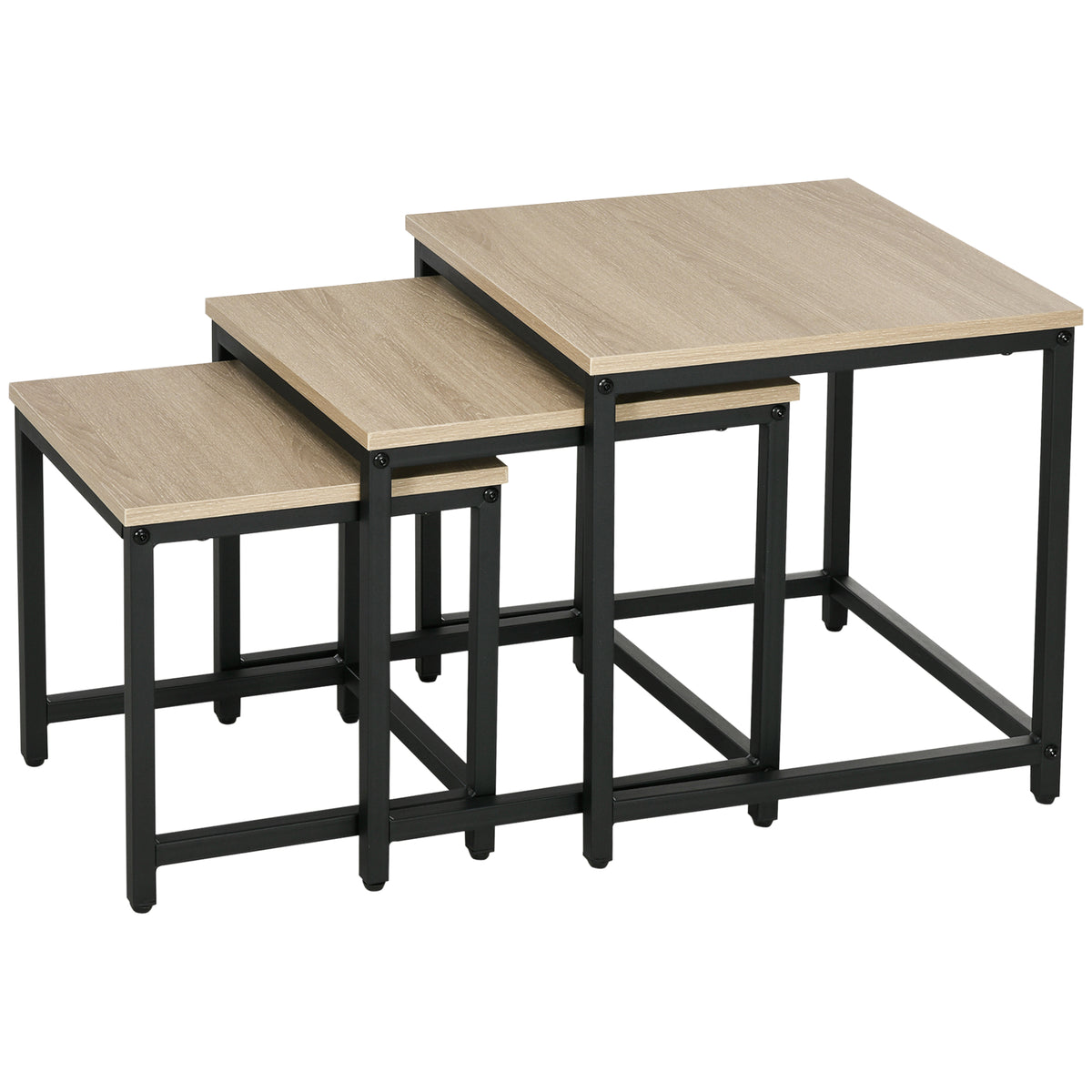 HOMCOM Satztisch-Set aus 3 Beistelltischen, Industrial Design, schwarzer Stahlrahmen, Tischplatte in Holzoptik