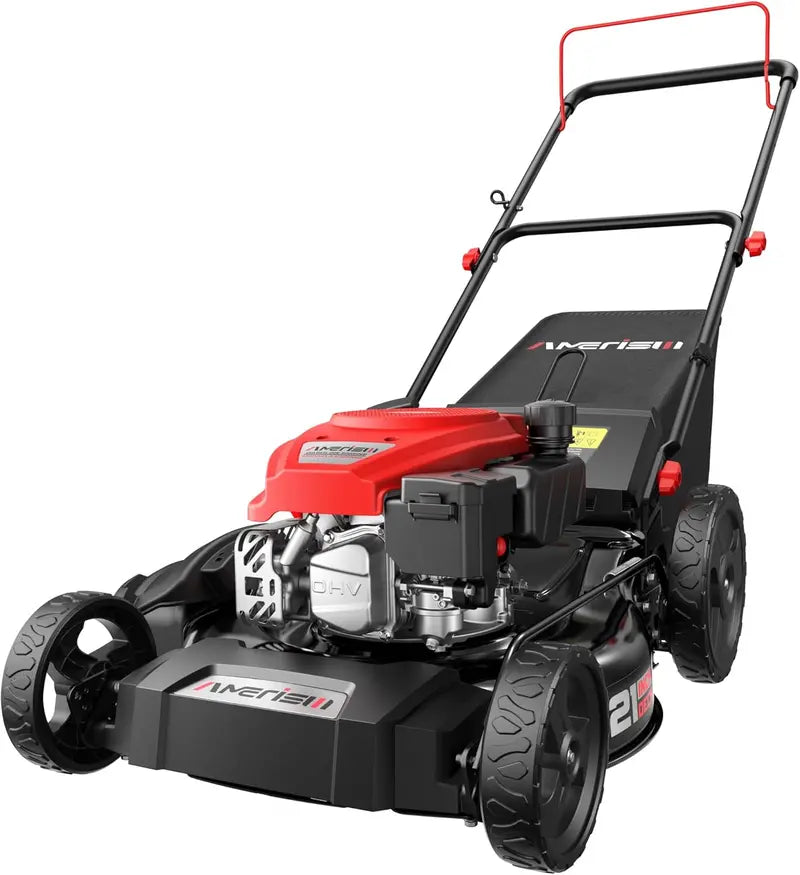 21-Inch 3-in-1 Gas Push Mower – 144cc OHV Engine, 6-Position Height Adjustment, 1.4-Bushel Bagging/Mulching/Side-Discharge