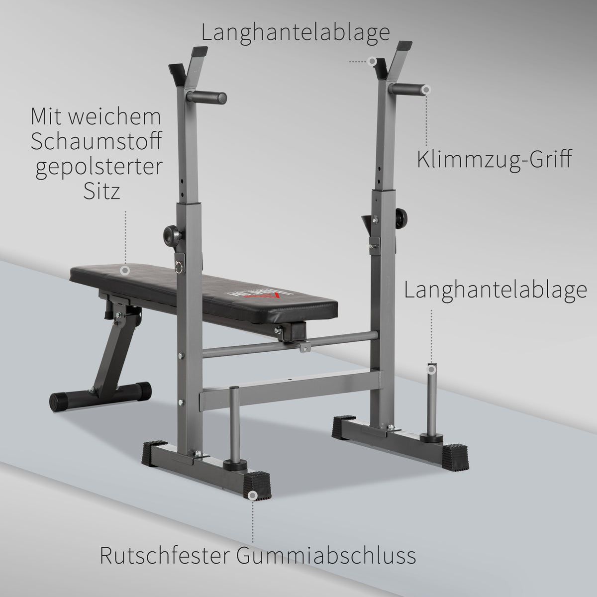 HOMCOM Hantelbank, 8 Positionen, klappbar, Stahlbasis, gepolstert, Kunstleder, 98-122H x 140L x 73B cm, Schwarz/Grau