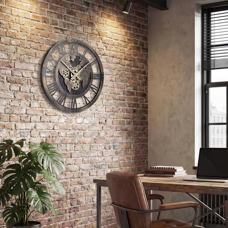 27-Inch Gear-Driven World Map Wall Clock – Silent, Decorative Metal Design with Rotating Gears