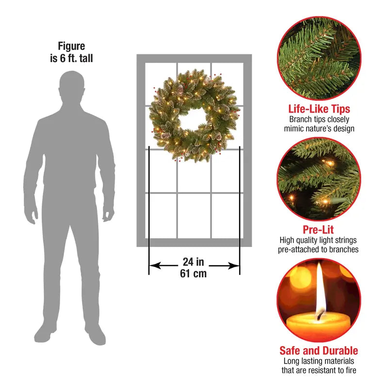 24-Inch Glittery Mountain Spruce Wreath with LED Lights & Timer – Indoor/Outdoor Decor