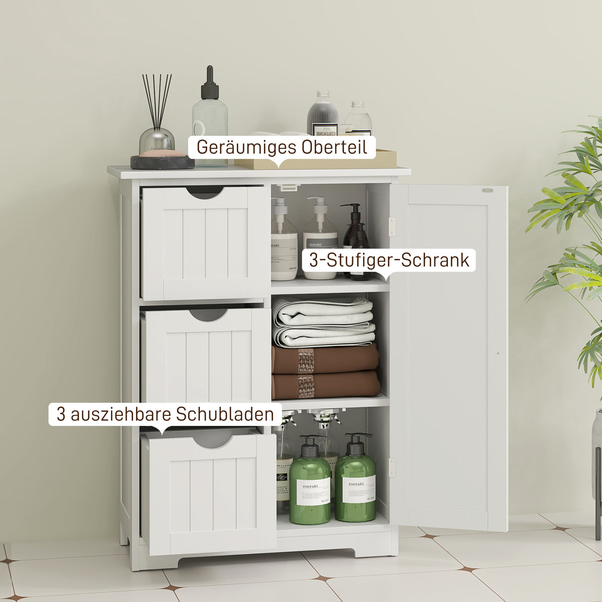 HOMCOM Badezimmerschrank, Badkommode, 3 Schubladen, Regal, MDF, Weiß