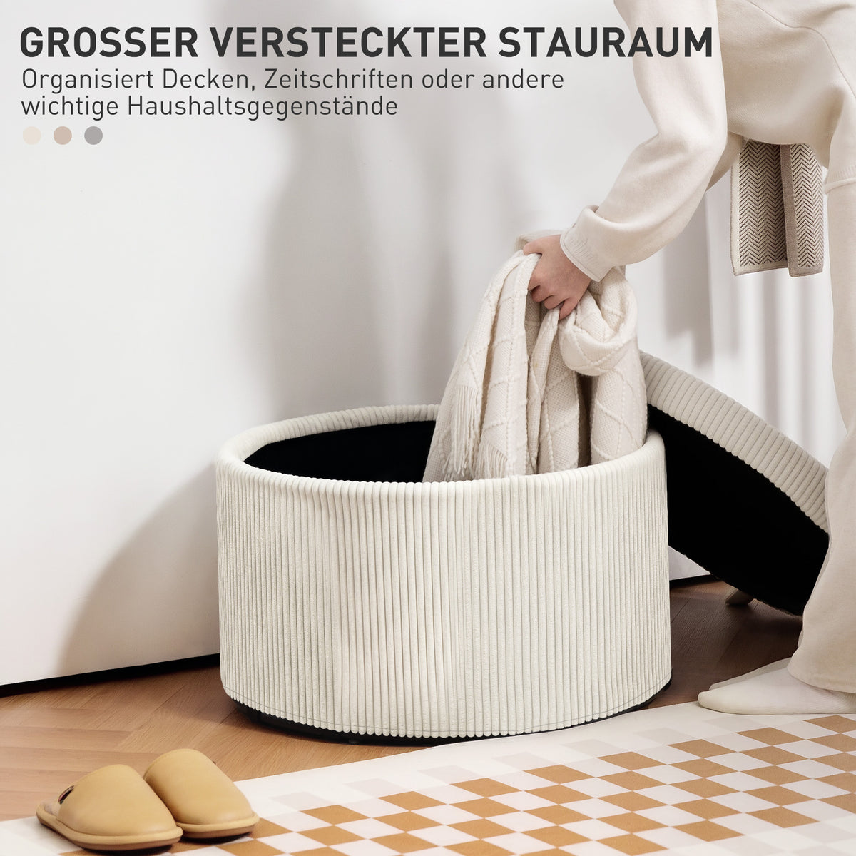 HOMCOM Fußhocker mit 97 L Stauraum, Cordstoff, Schaumstoff, Sitzhocker, Beige