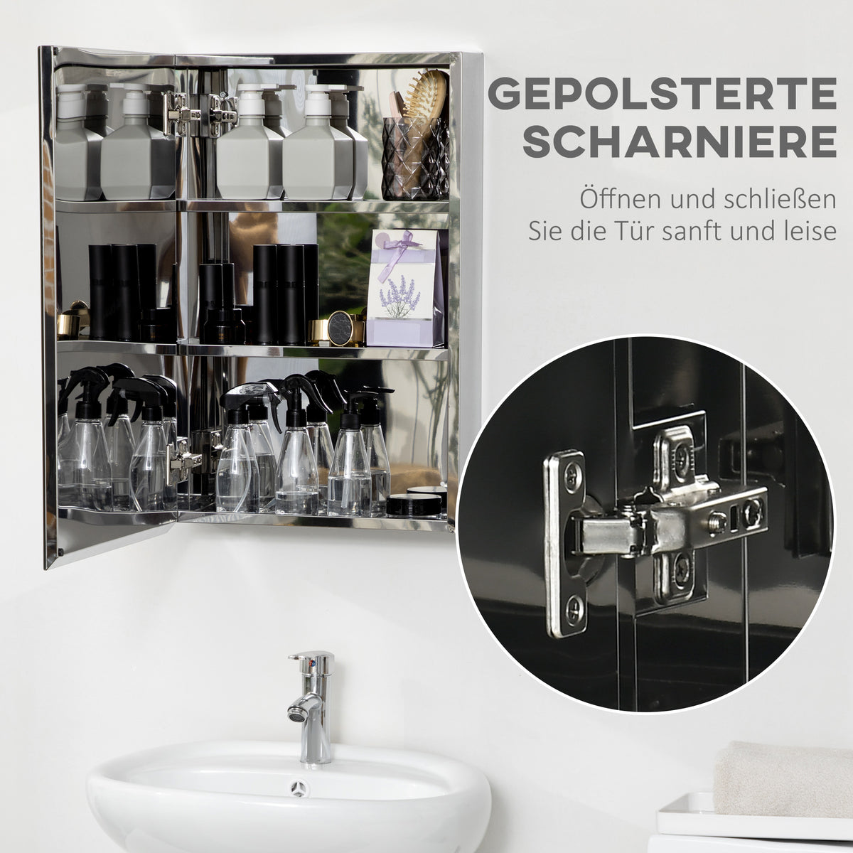 kleankin Spiegelschrank, Badschrank, 3 Regalfächer, rostfreier Metallrahmen, 39x12x60cm, Silber
