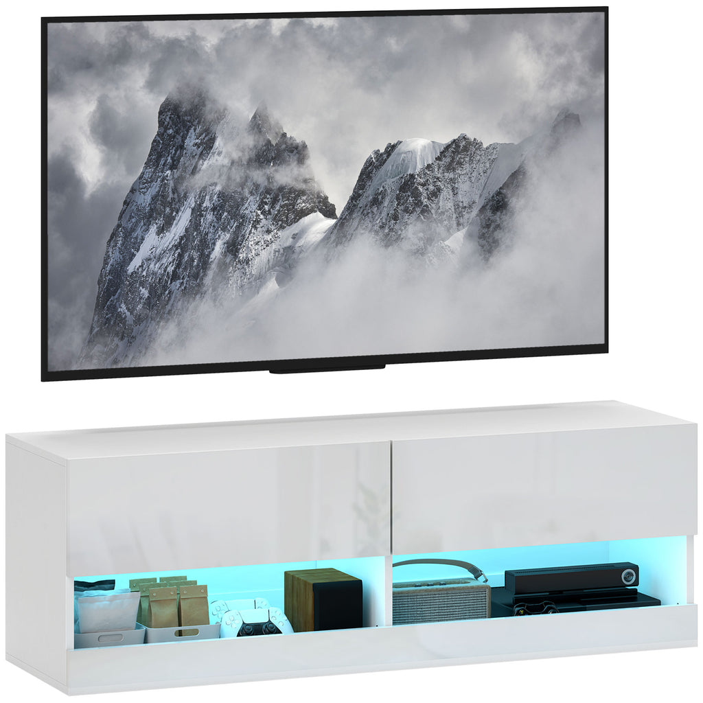HOMCOM TV-Hängeschrank mit LED-Beleuchtung, 16 Blinkmodi, Wandmontierter TV-Schrank, Offene Regale, 120 x 35 x 40,5 cm, Weiß