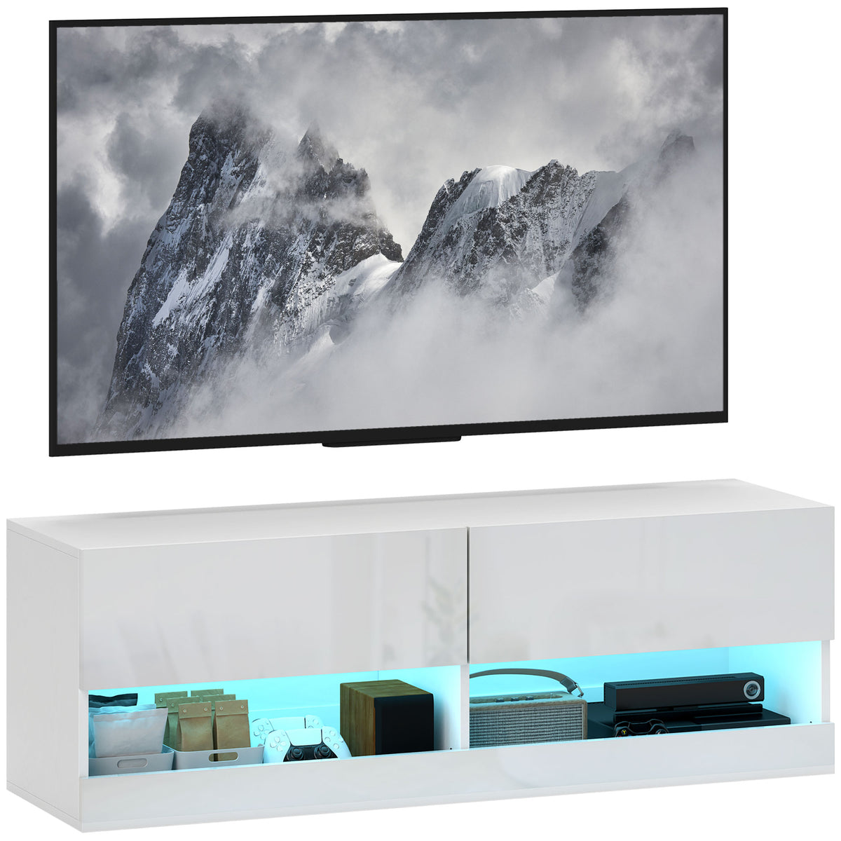 HOMCOM TV-Hängeschrank mit LED-Beleuchtung, 16 Blinkmodi, Wandmontierter TV-Schrank, Offene Regale, 120 x 35 x 40,5 cm, Weiß