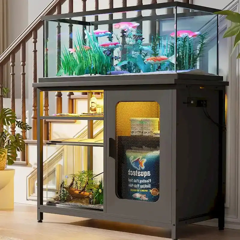 20–29 Gallon Aquarium Stand with Built-In Power Outlets and Integrated LED Lighting