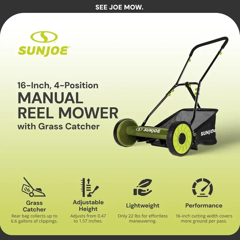 18-Inch Manual Reel Lawn Mower with Grass Catcher – Eco-Friendly, Quiet, and Low-Maintenance Push Mower
