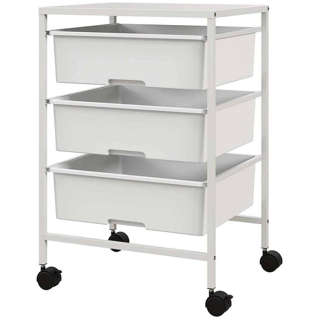HOMCOM Beistellwagen mit Rädern, 3 Körbe für Transport und Aufbewahrung, Küchenwagen, 40,8L x 33,5B x 60,5H cm, Weiß