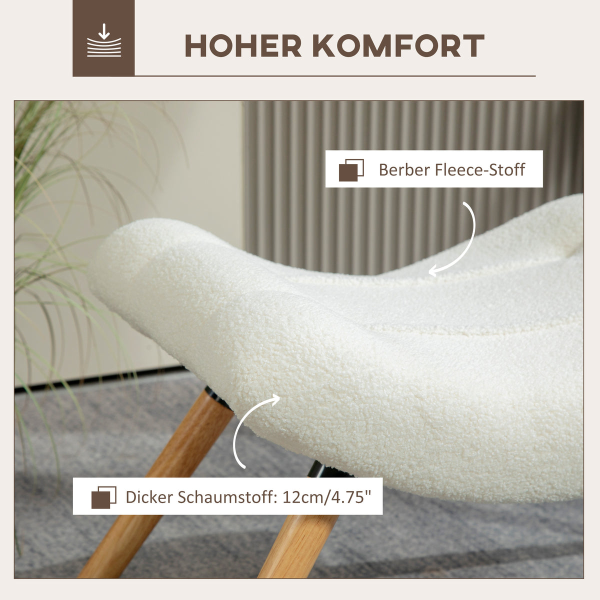 HOMCOM Moderner Fußhocker mit Fleece-Bezug und Holzbeinen, gepolstert, für Wohnzimmer, Schlafzimmer, Flur, Cremeweiß