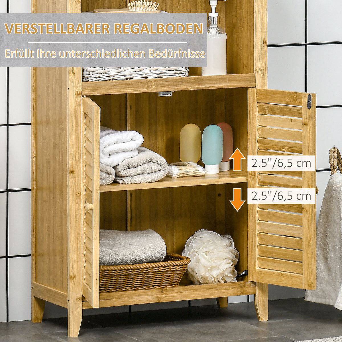 HOMCOM Badezimmerschrank Badschrank Standregal mit 2 Lamellentüren, offenem Regal, Bambus, Aufbewahrungsschrank Schrank für Badezimmer, Wohnzimmer 50 x 25,5 x 92cm Natur