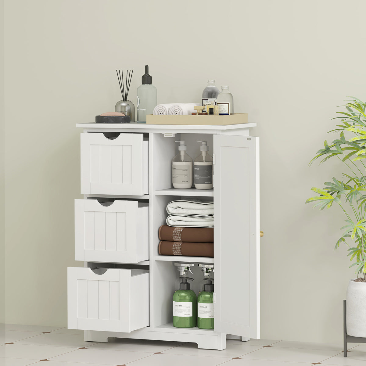 HOMCOM Badezimmerschrank, Badkommode, 3 Schubladen, Regal, MDF, Weiß
