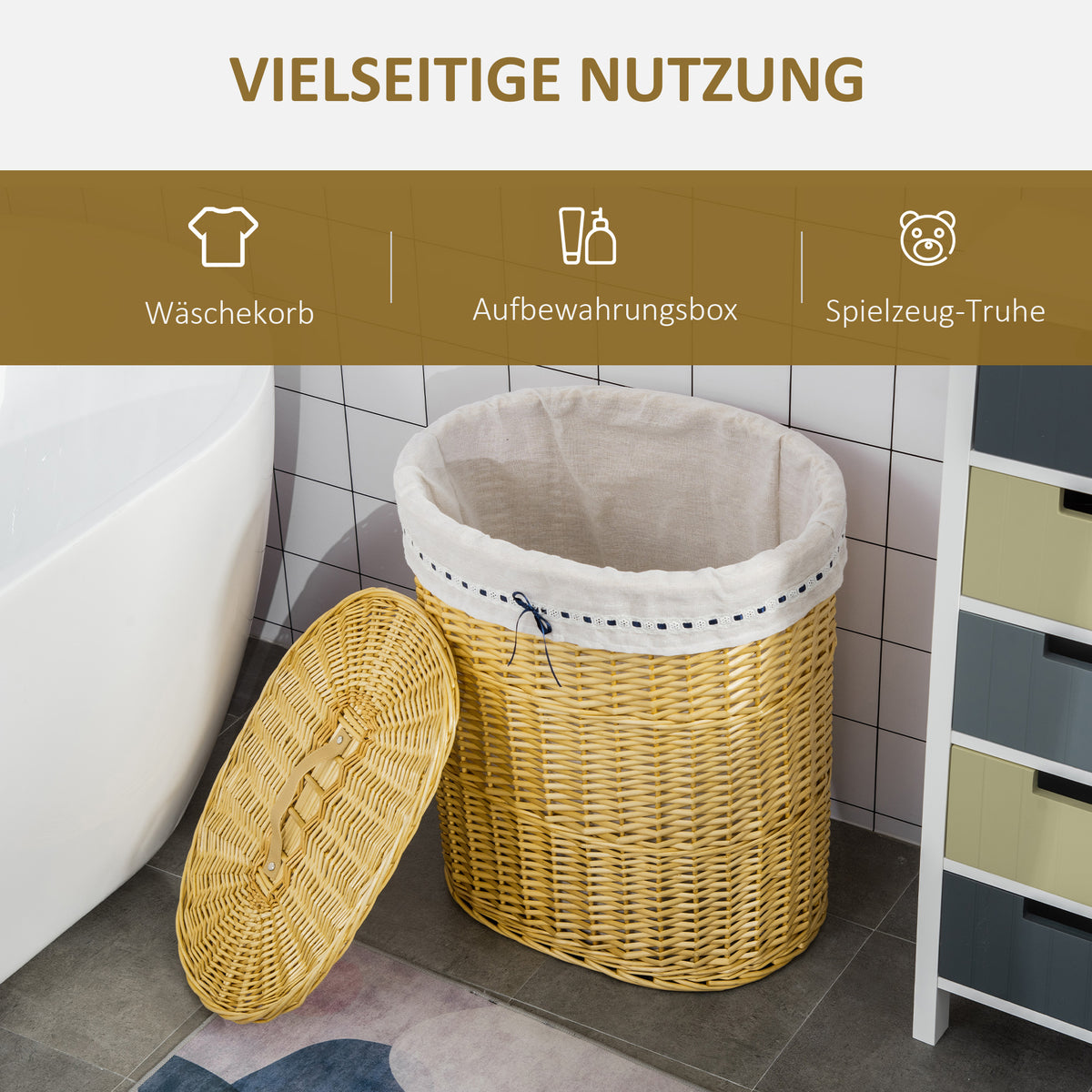 HOMCOM Wäschekorb aus Weide mit Deckel Wäschesammler mit Griff, herausnehmbarer Wäschesack, Laundry Baskets Wäschebox für Badezimmer Waschküche Schlafzimmer Natur