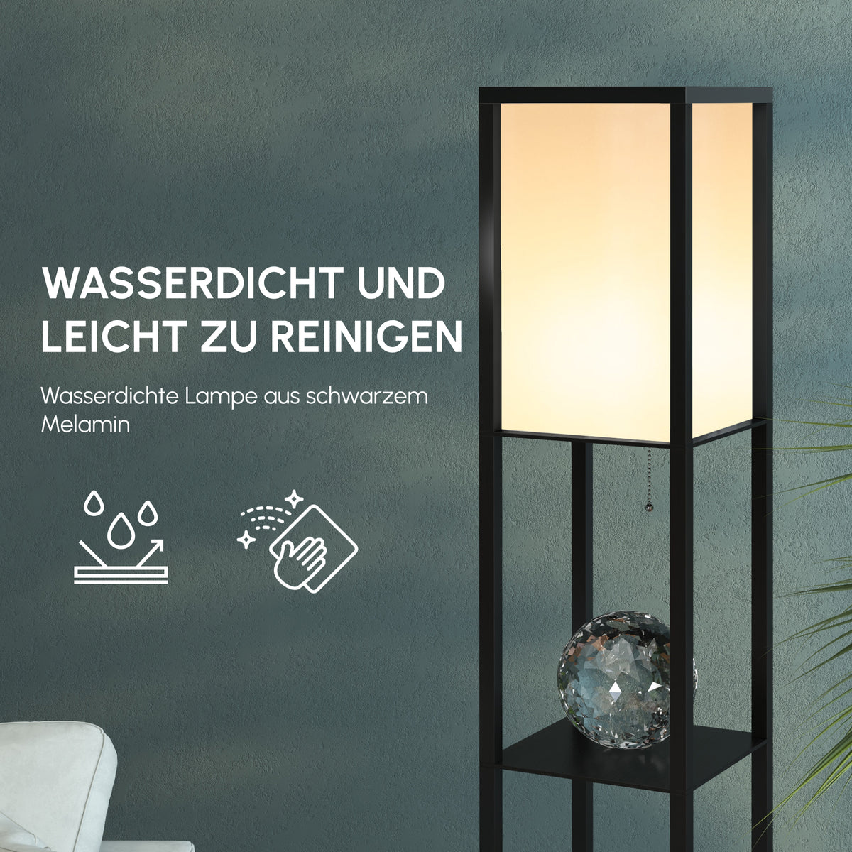 HOMCOM Stehlampe mit Regalen, Stehleuchte, Holz, 26 x 26 x 160 cm, für Wohn-/Schlafzimmer (Ohne Glühbirne)