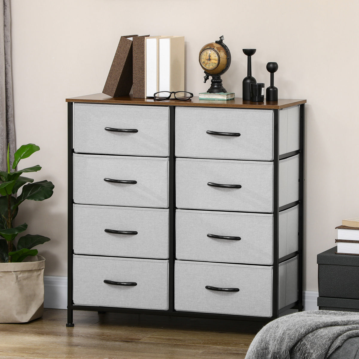 HOMCOM Kommode mit 8 Stoffschubladen, Metallrahmen, Ablage, 80x30x81,5 cm, Grau/Schwarz