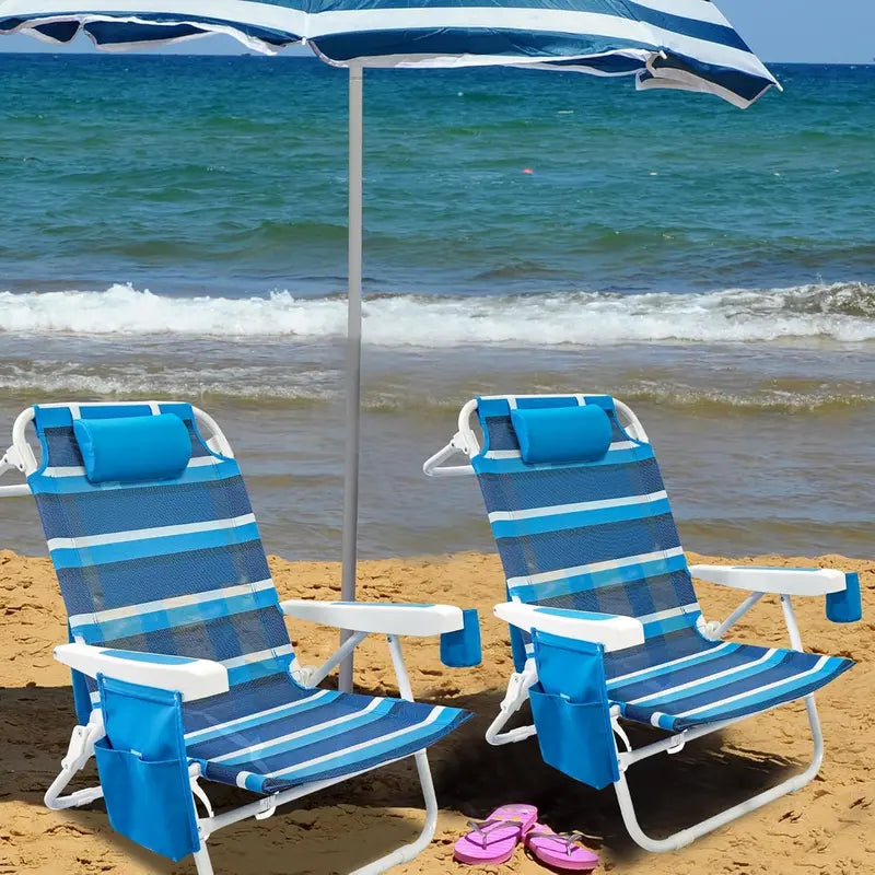 2-Pack Textilene Beach Chairs – 5-Position Folding Recliners with Cooler Bag & Carry Straps