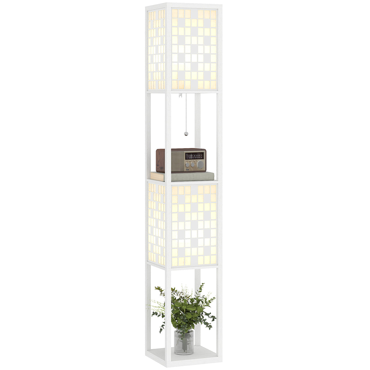 HOMCOM Stehlampe, Gittermuster, 2-Ebenen-Regale, für verschiedene Glühbirnen, Weiß