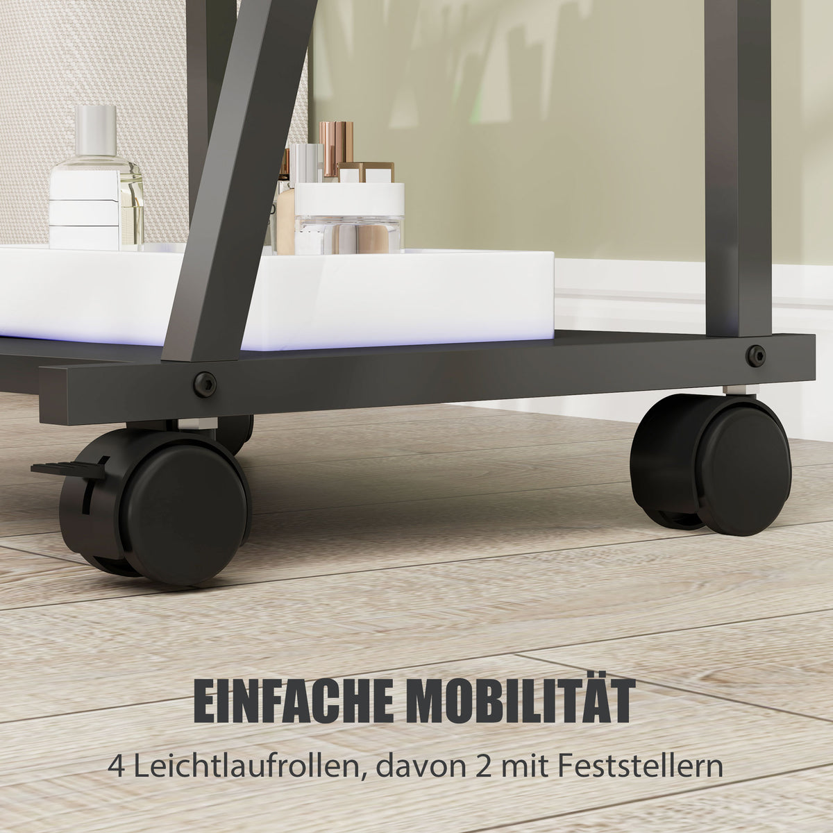 HOMCOM Rollbarer Ganzkörperspiegel mit 2 Regalen und 4 Rädern, für Schlafzimmer, Wohnzimmer, Flur, Schwarz
