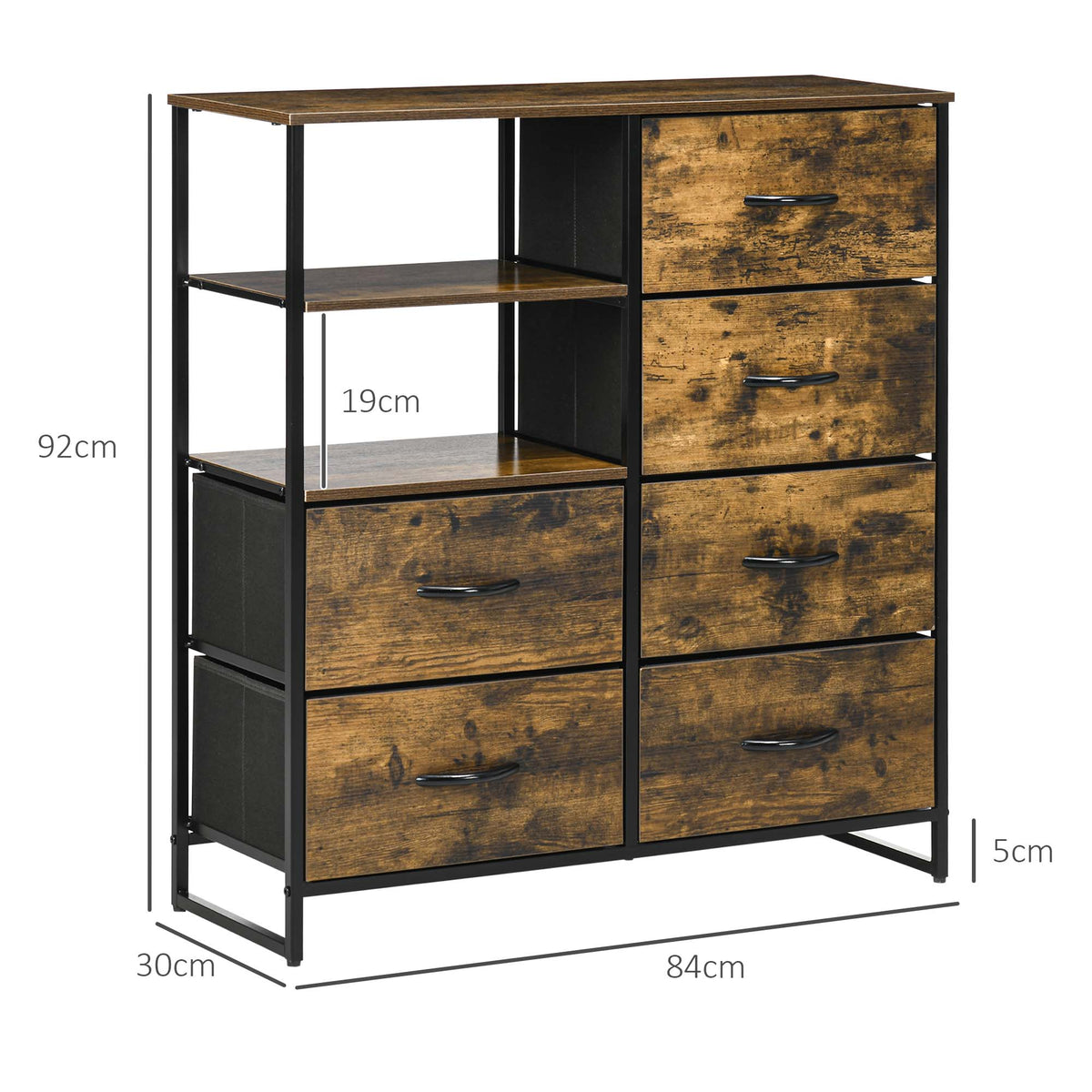 HOMCOM Kommode mit sechs Schubladen, offene Regale, MDF und Stahl, 84x30x92 cm, Braun/Schwarz, verstellbare Füße