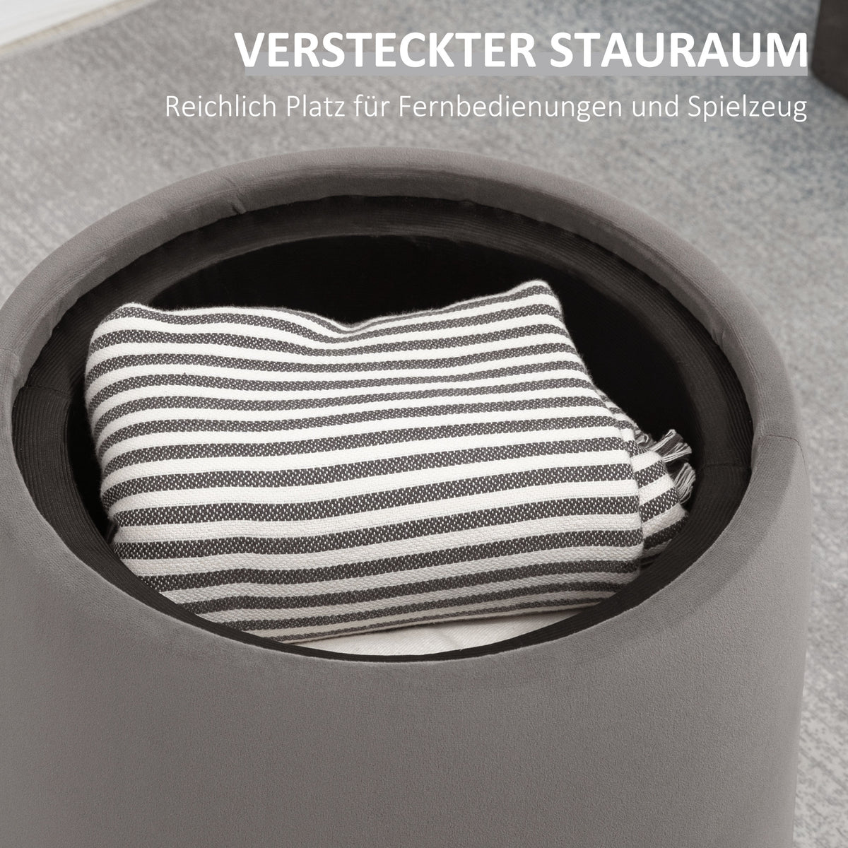HOMCOM 2-in-1 Hocker in Samtoptik inklusive Stauraum und abnehmbaren Deckel Φ44 cm x 47,5 cm Grau