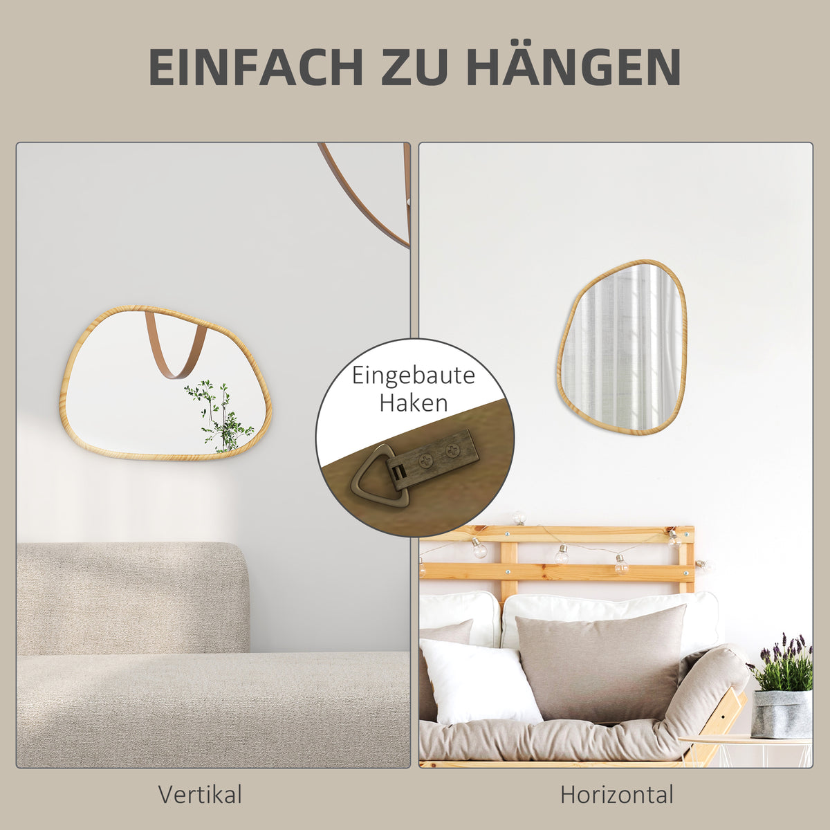 HOMCOM Wandspiegel Dekospiegel Spiegel, Vintage-Design, 70 cm x 2,1 cm x 50 cm, Massivholz, Natur