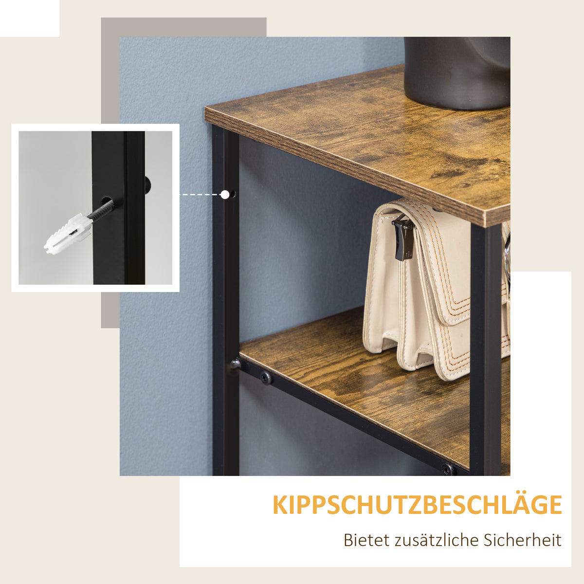 HOMCOM Kommode mit sechs Schubladen, offene Regale, MDF und Stahl, 84x30x92 cm, Braun/Schwarz, verstellbare Füße