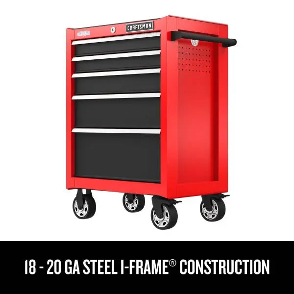 2000 Series Red Rolling Cabinet – 26-in Wide × 36.5-in Tall Five-Drawer Steel Storage Unit