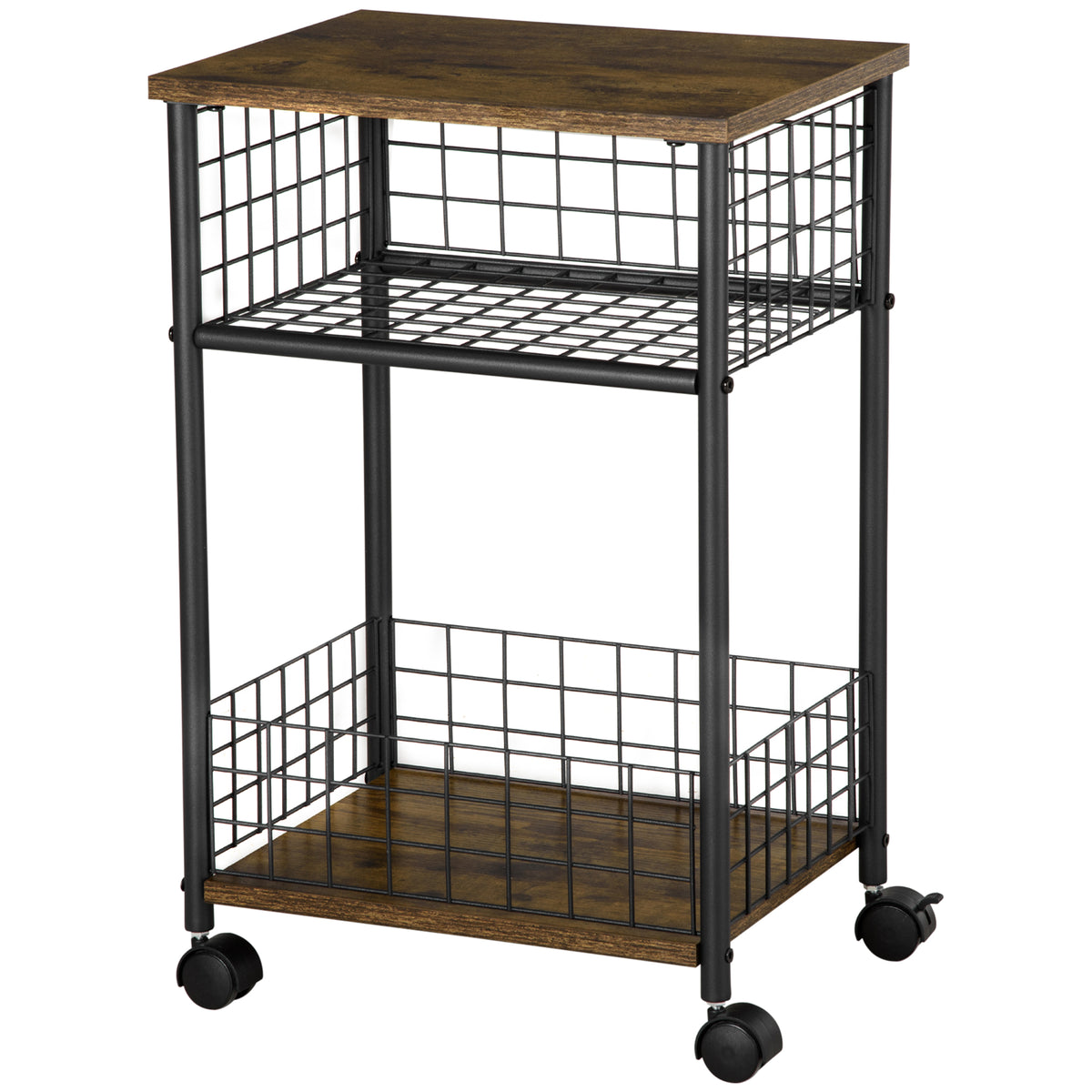HOMCOM Küchenwagen im Industriedesign 1 Regal 1 Aufbewahrungskorb 4 Räder 40 cm x 30 cm x 62 cm Stahl Schwarz + Braun