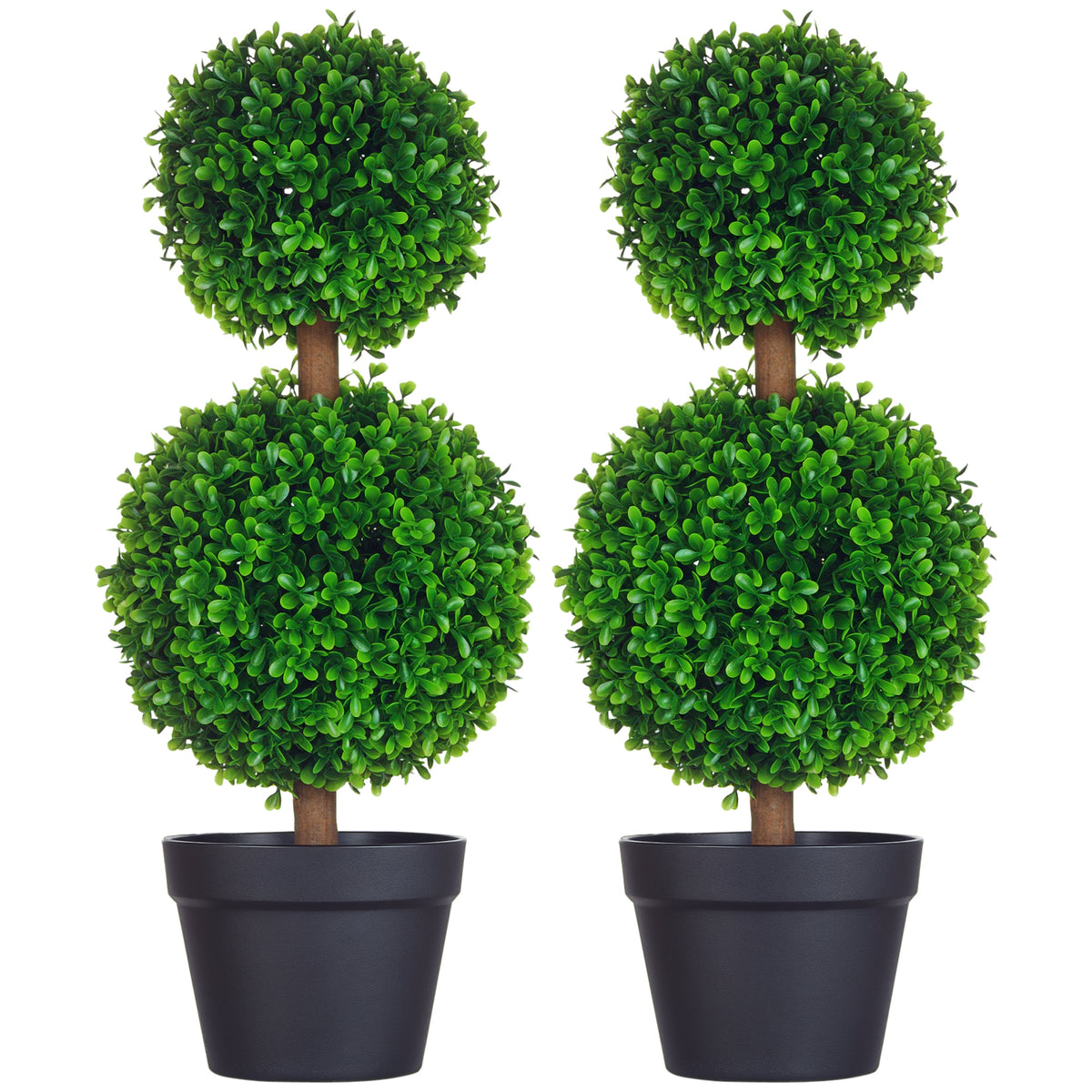 HOMCOM 2er-Set Künstlicher Buchsbaum, 2 Buchsbäume, Outdoor, 17 cm x 17 cm x 60 cm, Grün + Braun+ Schwarz
